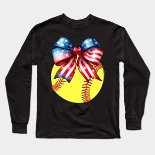 Coquette Bow Baseball American Flag 4th Of July Baseball Mom Long Sleeve T-Shirt